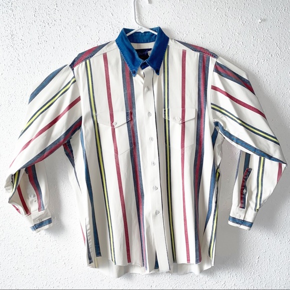 Wrangler Other - Vintage Wrangler 90's Men’s Striped Denim Button Down Shirt, XL
